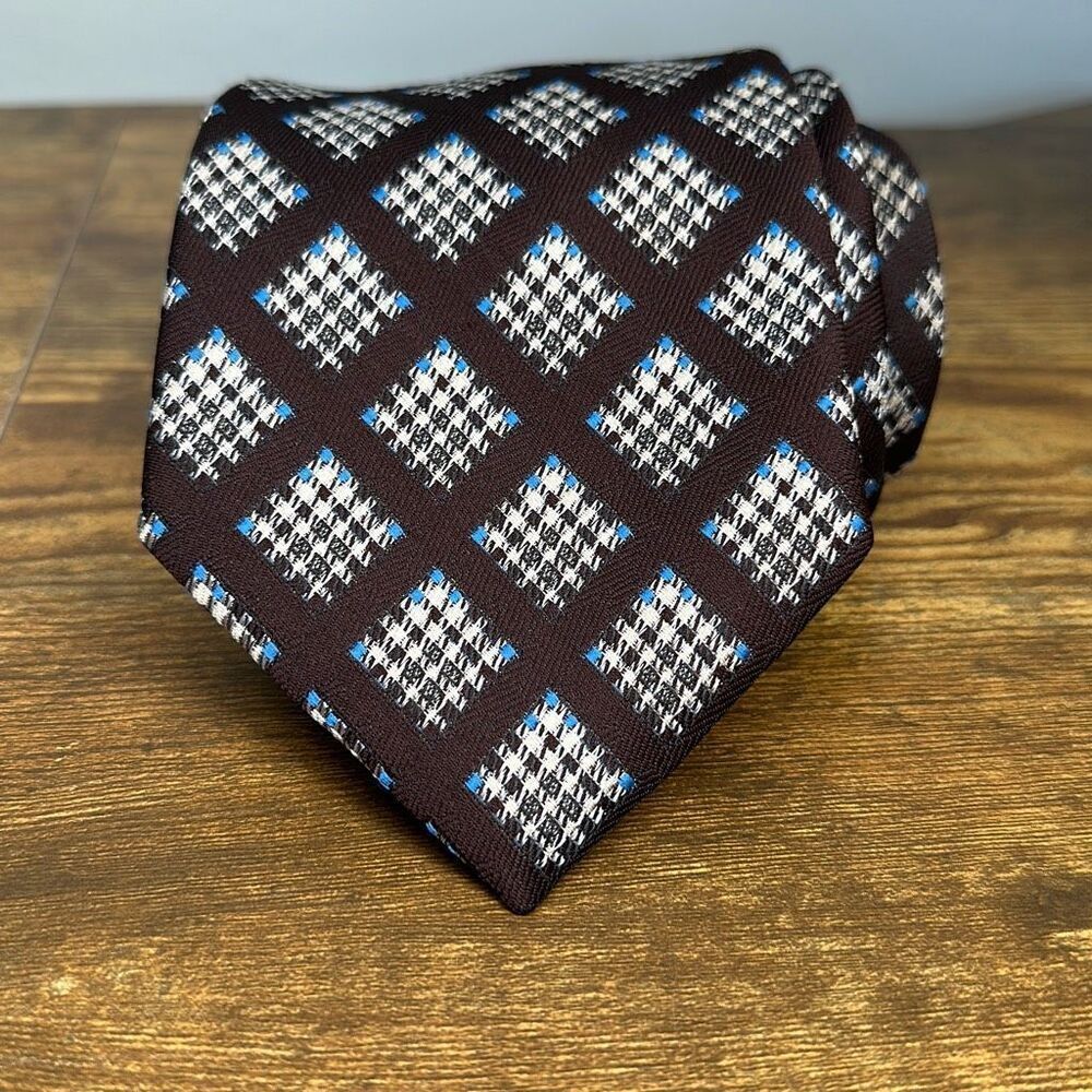 Vintage Christian Dior Brown Geometric Print Mens Tie Necktie John Hanamaker